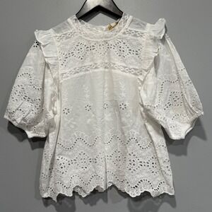 Jennifer & Grace White Cotton Eyelet Lace Ruffle Blouse Top Size M boho spring